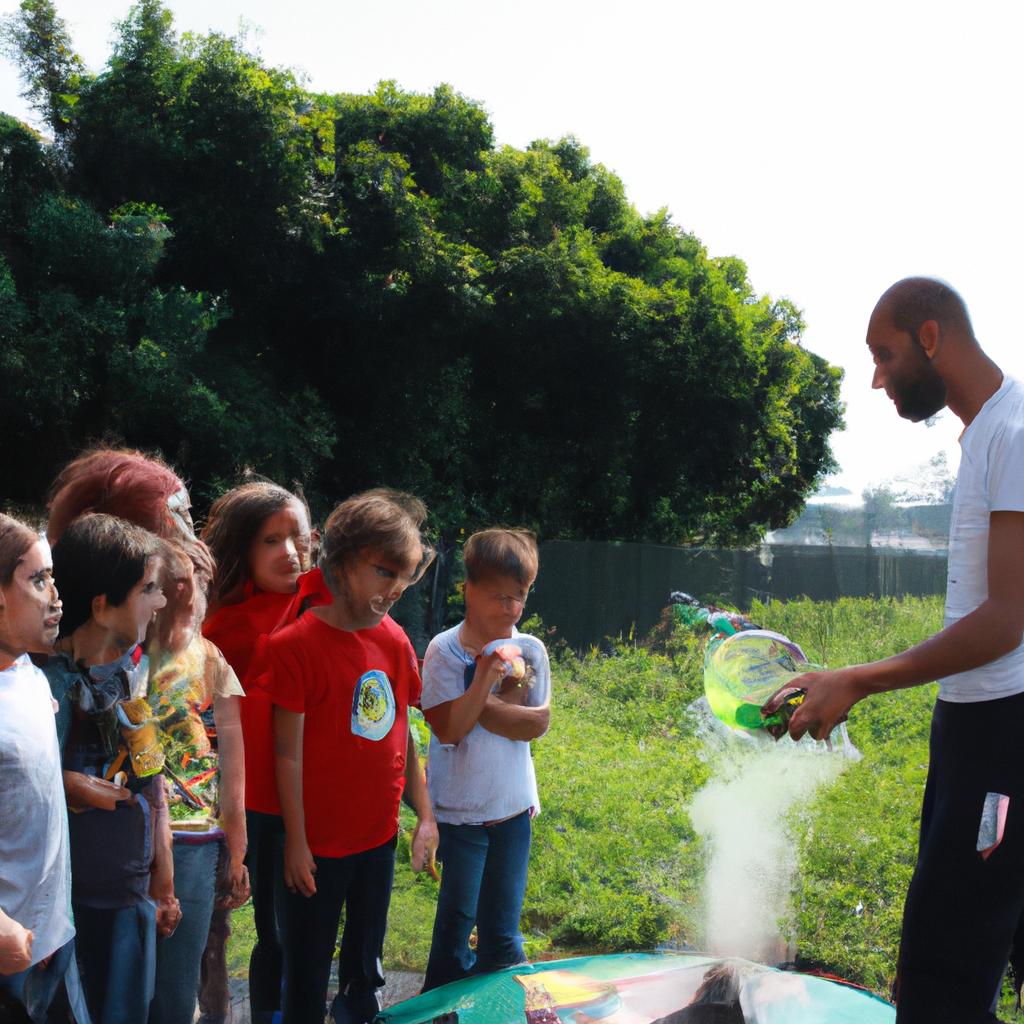 Person teaching children about pollution