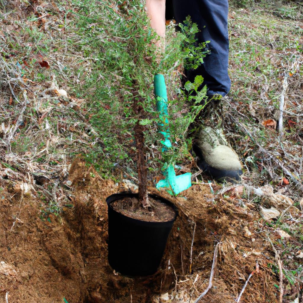 Person planting trees in forest