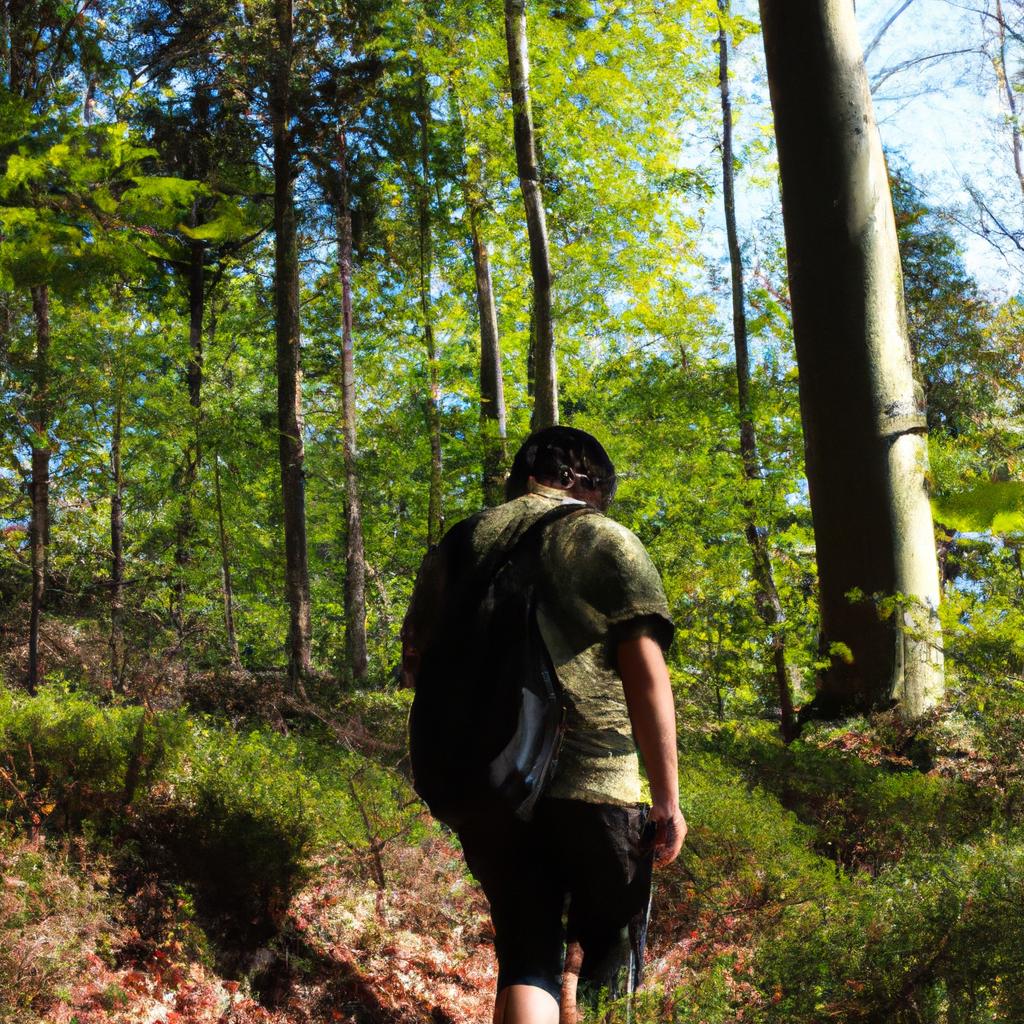 Person hiking in a forest