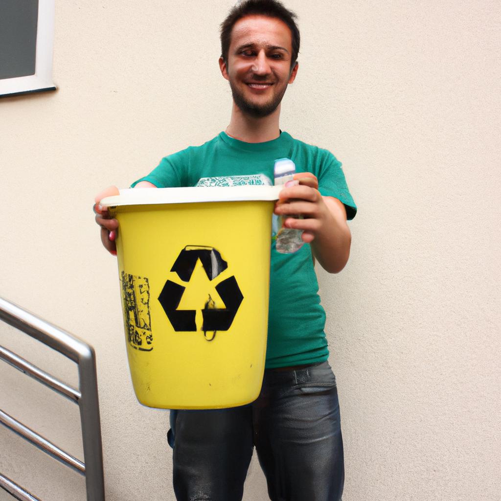 Person holding recycling bin, smiling