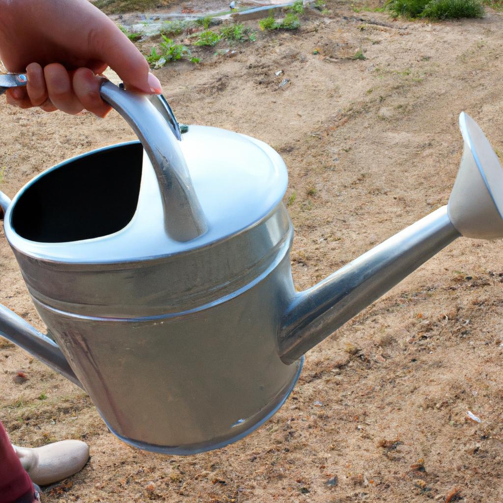 Person holding watering can, planting